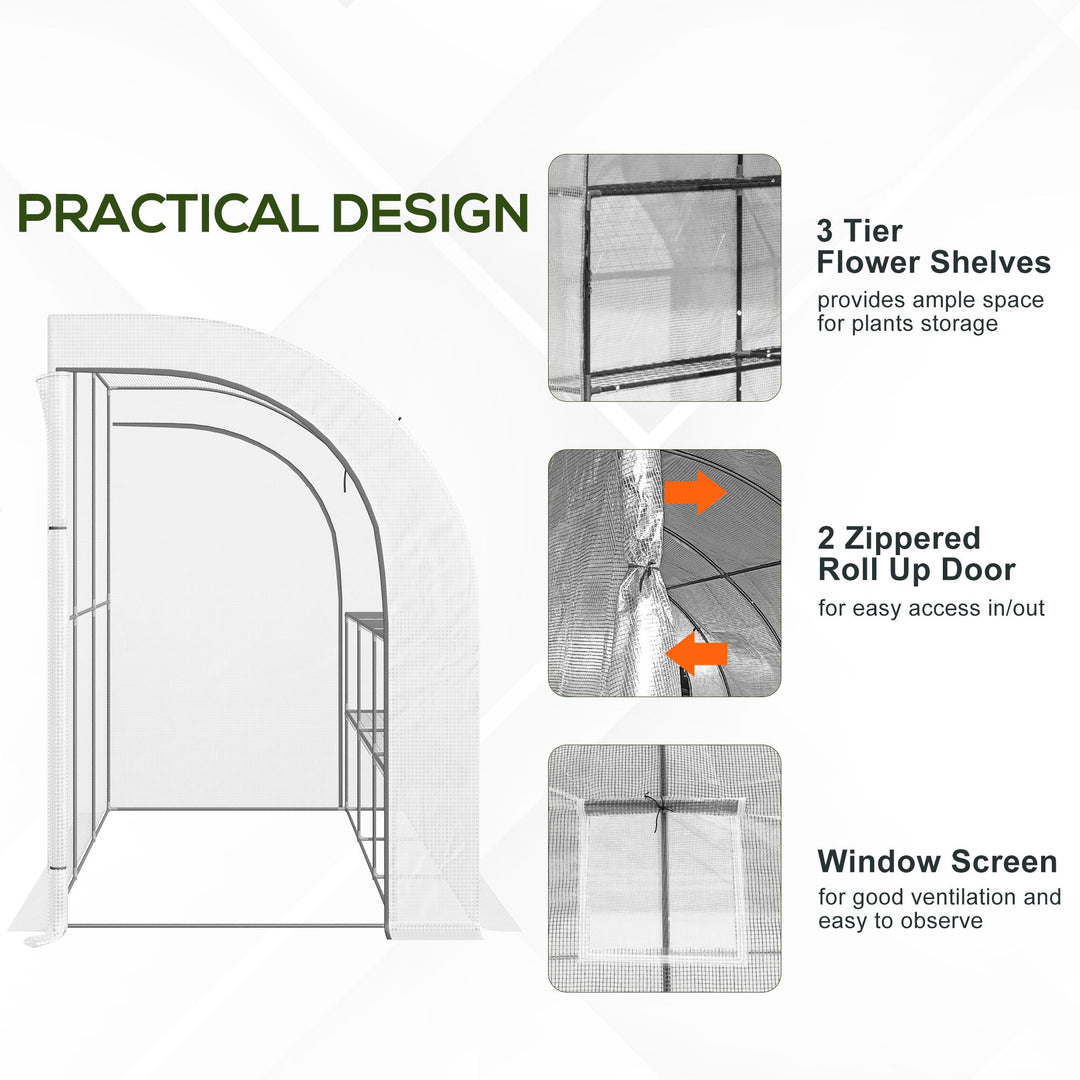 Outdoor Walk-In Greenhouse, Plant Nursery with Zippered Doors, PE Cover and 3-Tier Shelves, White, 300 x 150 x 213 cm
