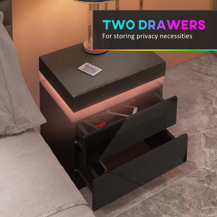 Black Bedside Table with LED Light, High Gloss Front Nightstand with 2 Drawers, for Living Room, Bedroom