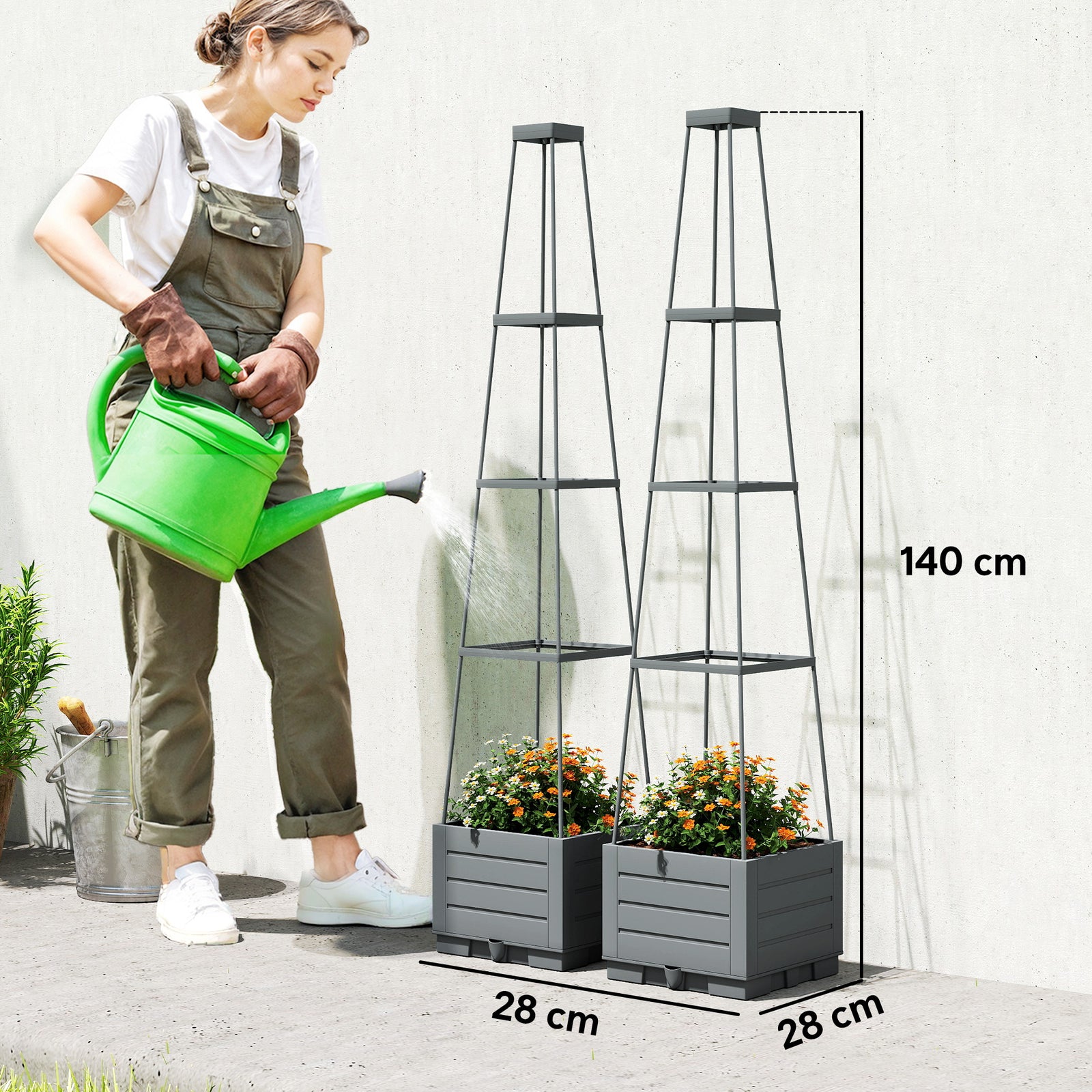 2 Pack Raised Garden Bed with Trellis, Plastic Outdoor Planter Box wit