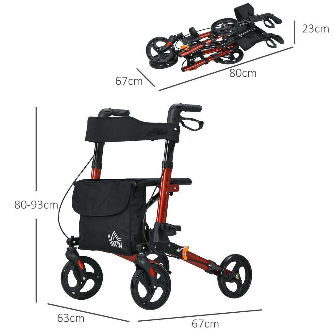 HOMCOM 4 Wheel Rollator with Seat and Back, Folding Mobility Walker with Carry Bag, Adjustable Height, Dual Brakes, Cane Holder, Lightweight Aluminium Walking Frame for Seniors and Disabled, Red