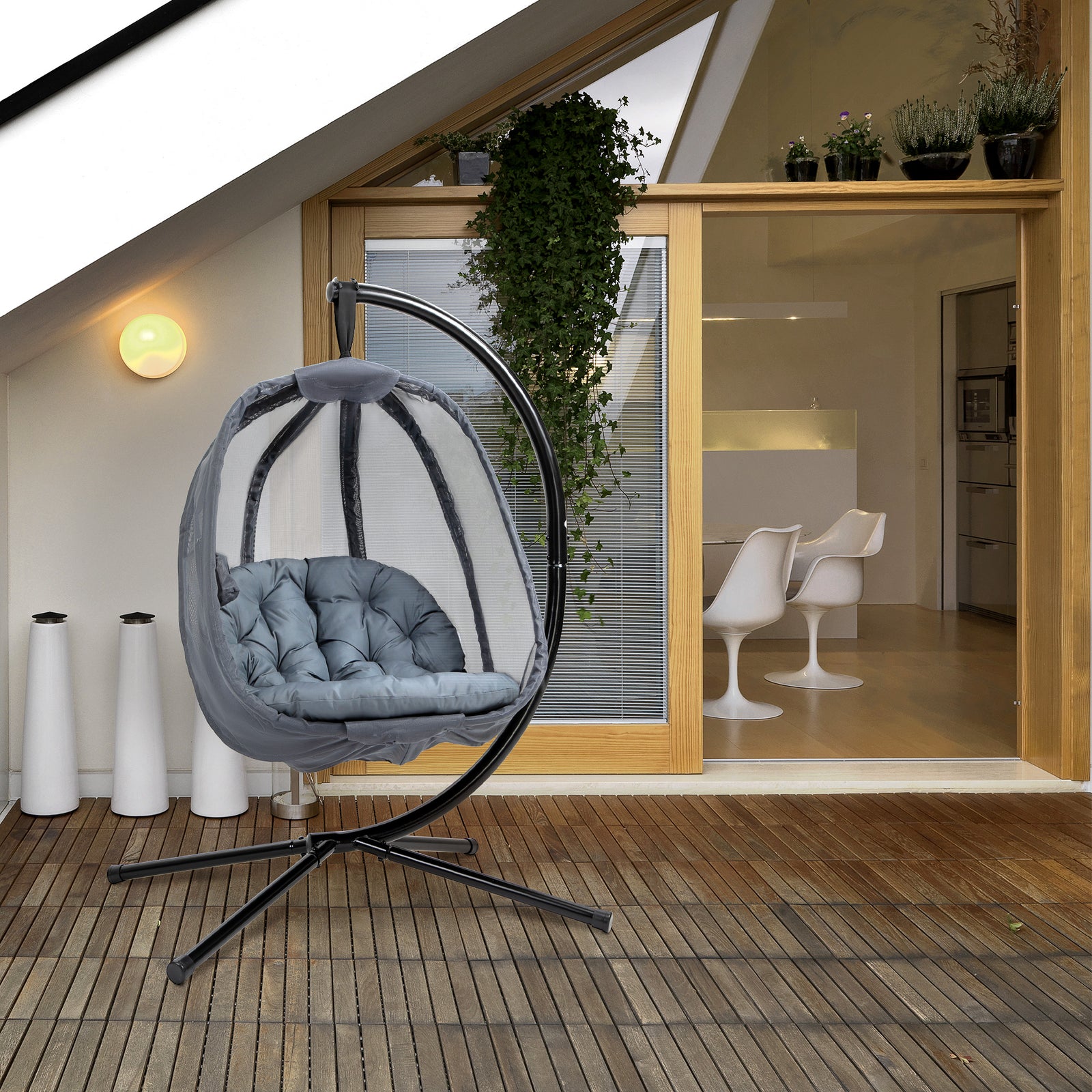 Hanging Egg Chair, Folding Texteline Swing Hammock with Side Pocket, Cushion and Stand for Indoor Outdoor, Patio Garden Furniture, Grey