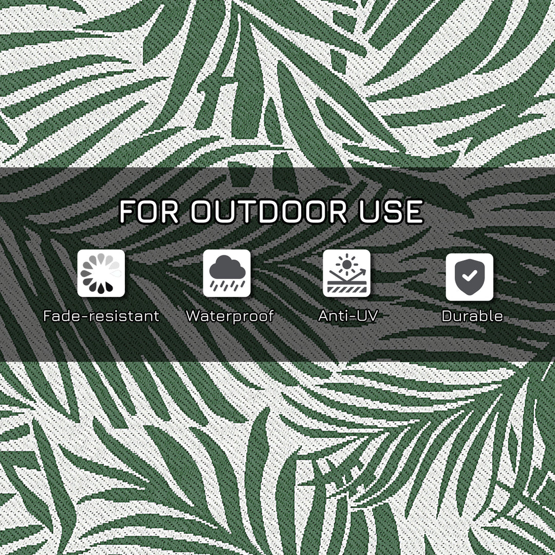 Reversible Outdoor RV Rug, 1.5 x 2.4m Patio Floor Mat, Waterproof Plastic Straw Rug for Garden, Deck, Picnic, Beach, Camping, Green Leaves, Green and White