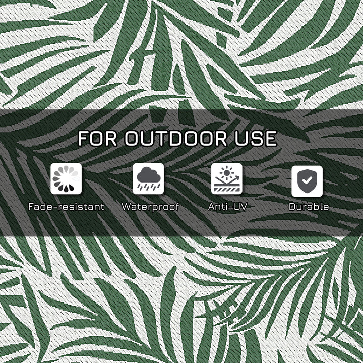 Reversible Outdoor RV Rug, 1.5 x 2.4m Patio Floor Mat, Waterproof Plastic Straw Rug for Garden, Deck, Picnic, Beach, Camping, Green Leaves, Green and White