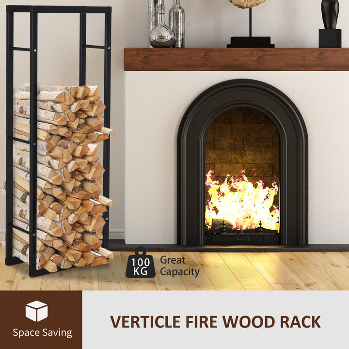 Metal Firewood Log Holder Tall Firewood Rack Indoor Outdoor Fireplace Wood Storage Shelf with Side Rails, Rust-Resistant, Black, 40W x 25D x 150H cm