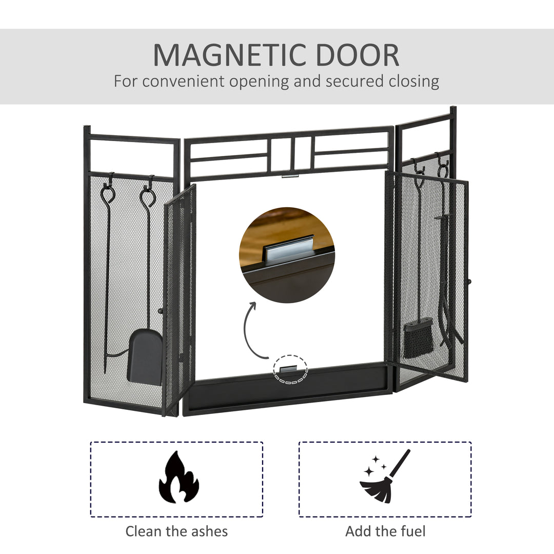 HOMCOM 3 Panel Folding Fire Guard, Steel Fireplace Screen with Double Door and Mesh Design for Open Fire, 122W x 80H cm, Black | Aosom UK