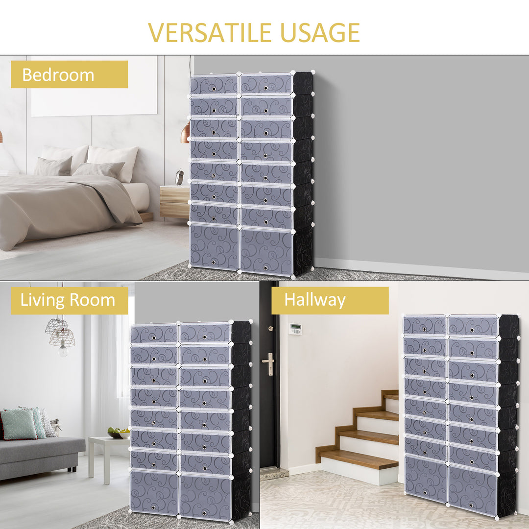 16 Cube Shoe Rack, 2 x 8 Tier Shoe Storage Cabinet, Modular Plastic Shelves for Bedroom, Living Room and Entryway, Space Saving Footwear Organizer, 32 Pairs, White and Black