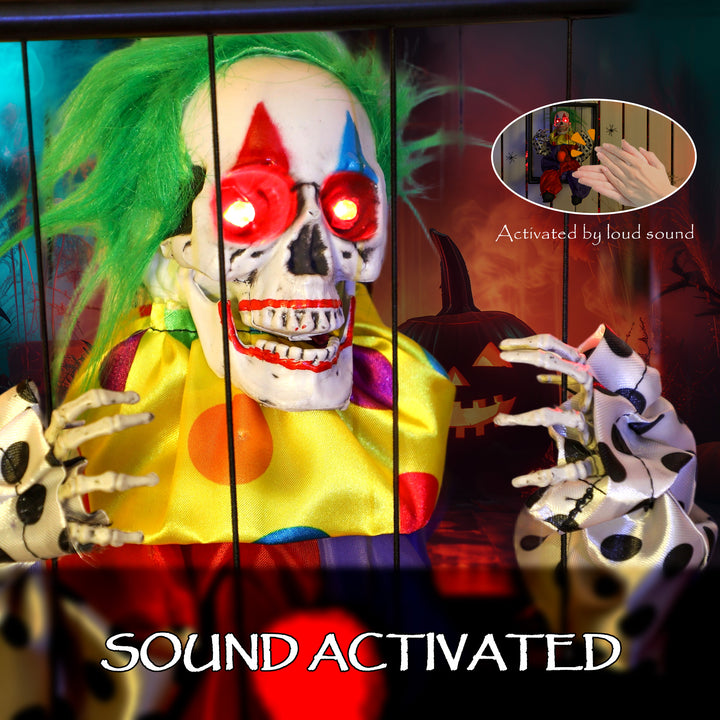 Outsunny Halloween Animated Hinging Clown in Cage with Glowing LED Eyes, Spooky Clown Scary Halloween Decorations, Battery Operated, Indoor Party Props
