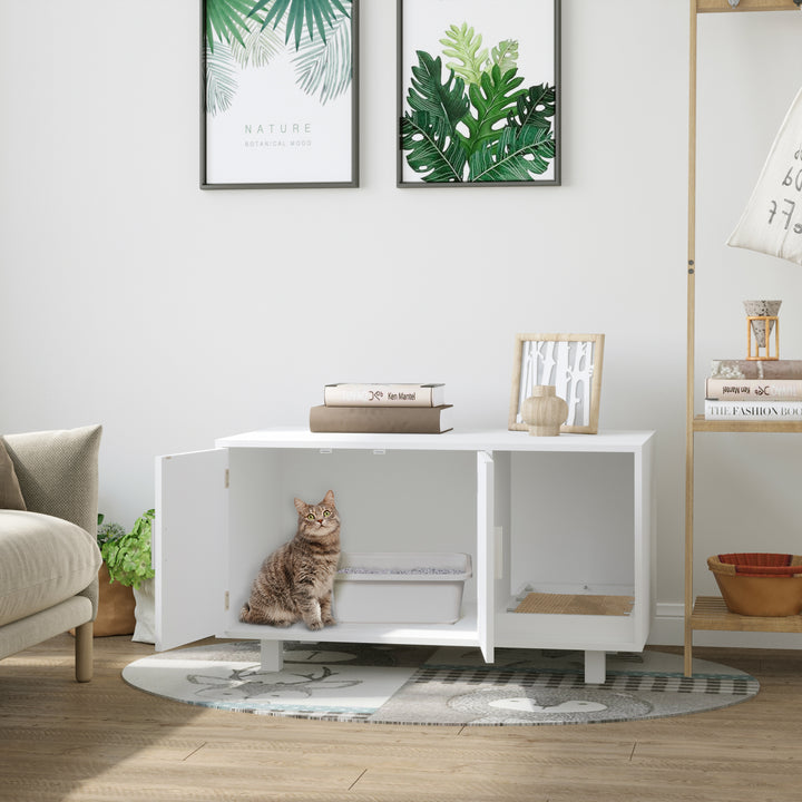 PawHut Wooden Cat Litter Box Enclosure & House with Nightstand/End Table Design, Scratcher, & Magnetic Doors, White | Aosom UK