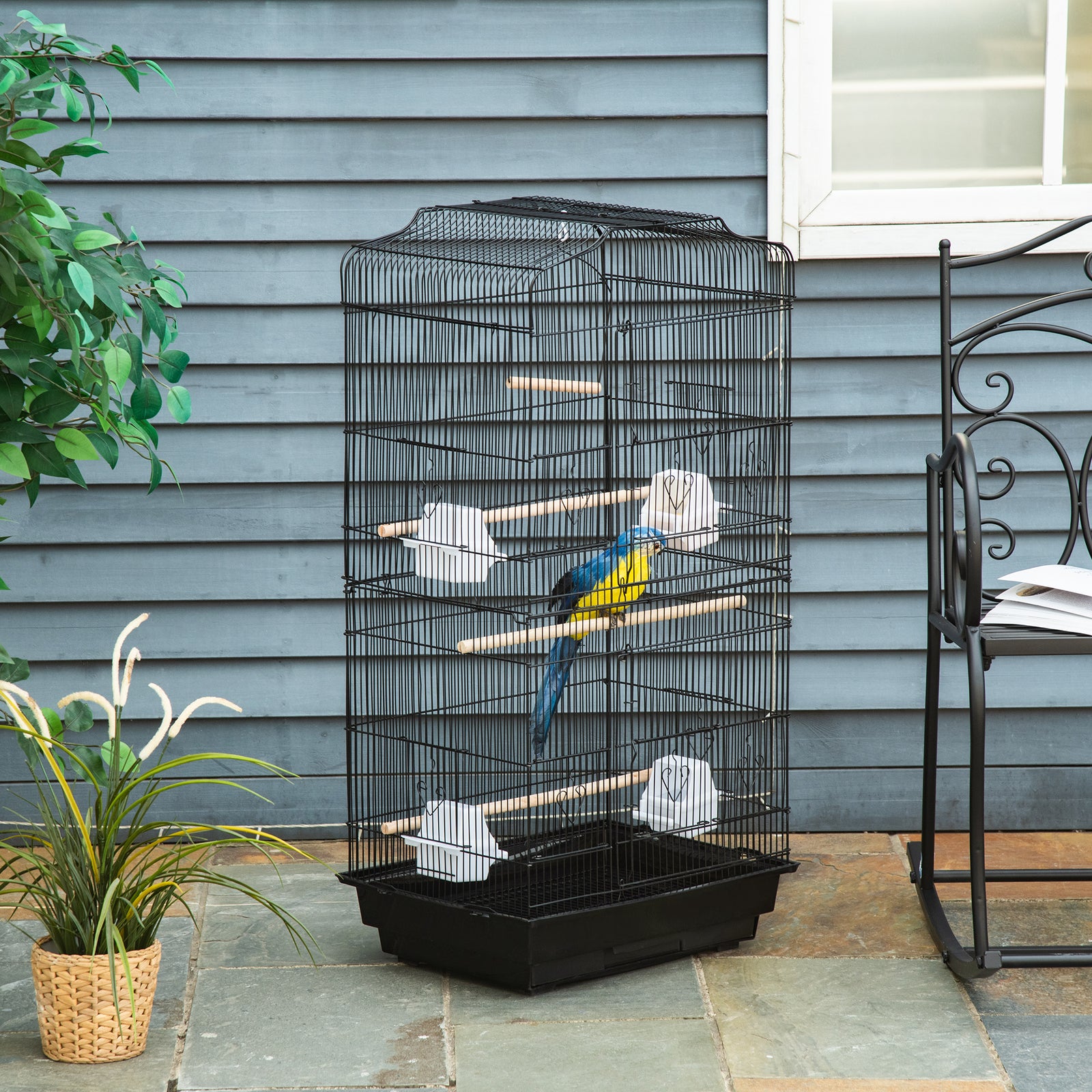 Large Metal Bird Cage with Stand, Perches, Food Bowls, Swing, for Budgies, Parakeets, Black