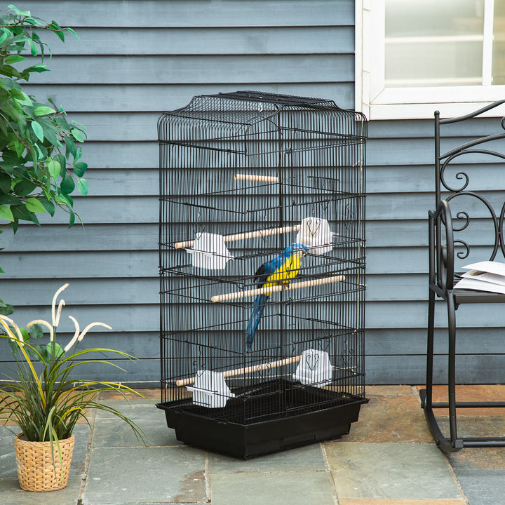 MCL Large Metal Bird Cage with Stand, Perches, Food Bowls, Swing, for Budgies, Parakeets, Black
