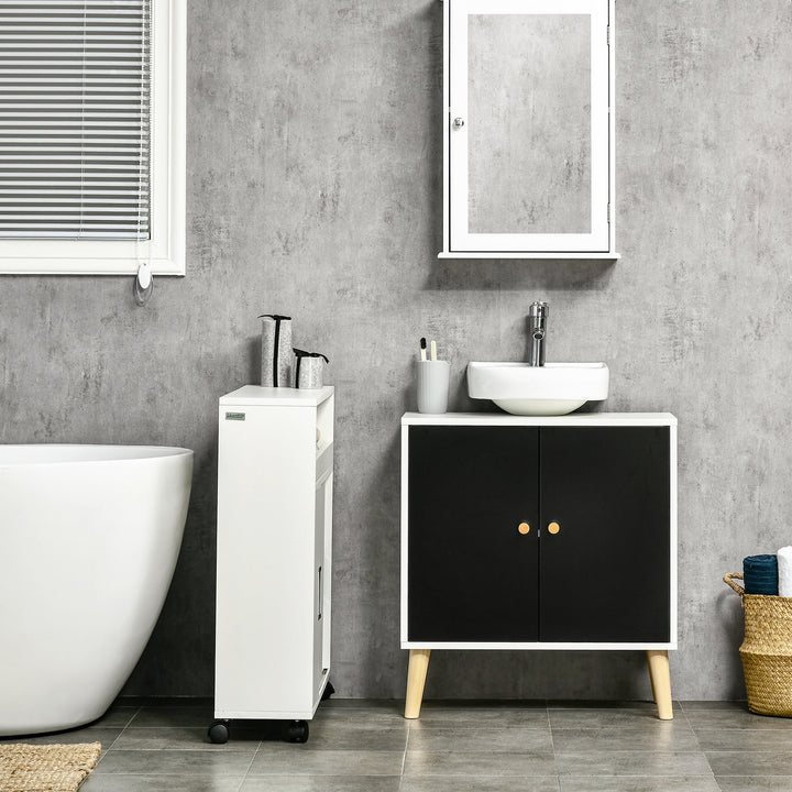kleankin Modern Bathroom Sink Cabinet, Under Sink Storage Cabinet, with Adjustable Shelf and Solid Wood Legs, Black and White