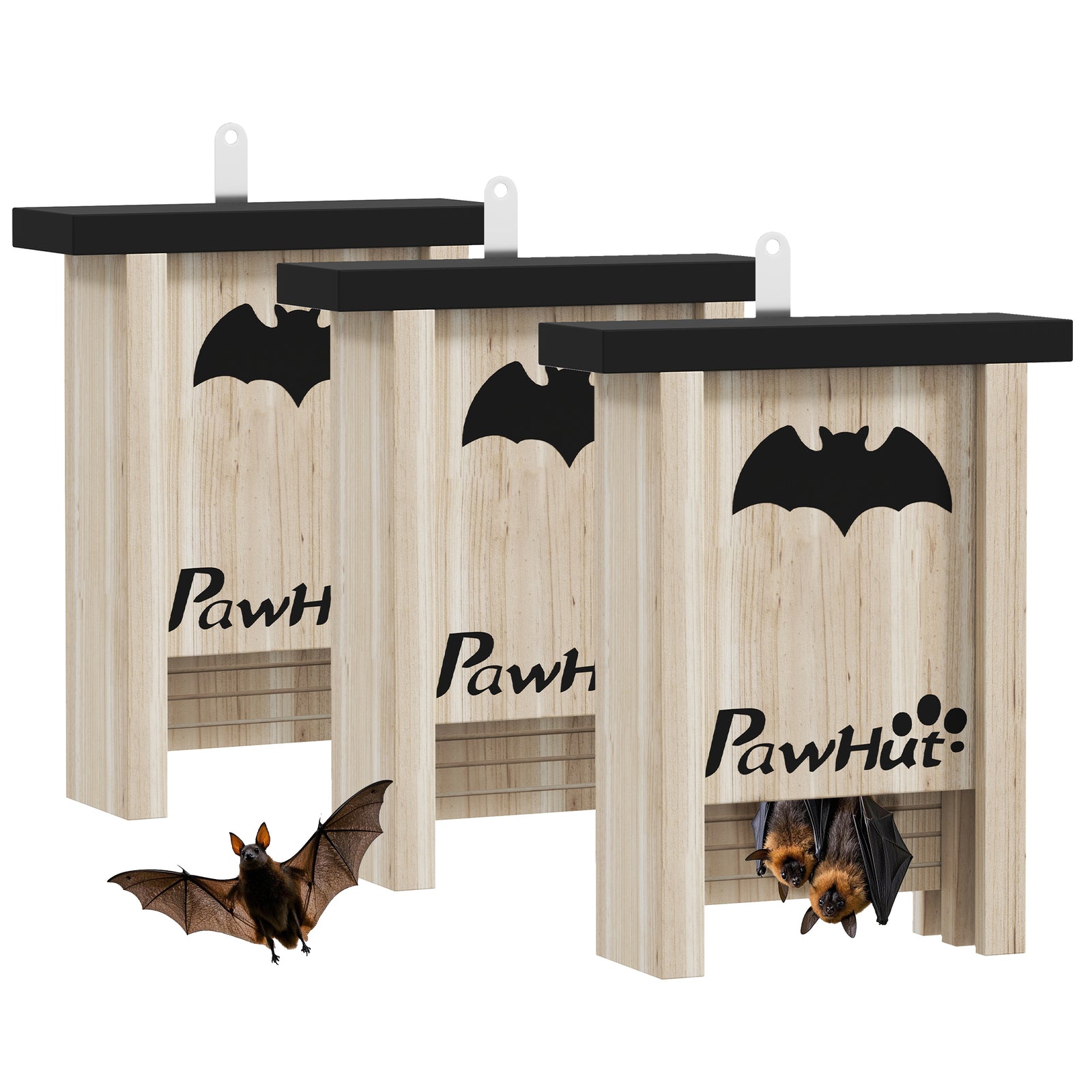 3PCs Wooden Bat Boxes, Bat Houses Designed to Attract Bats & Easy to Hang for Outdoor, Garden, Farm, 18 x 6 x 22.5 cm