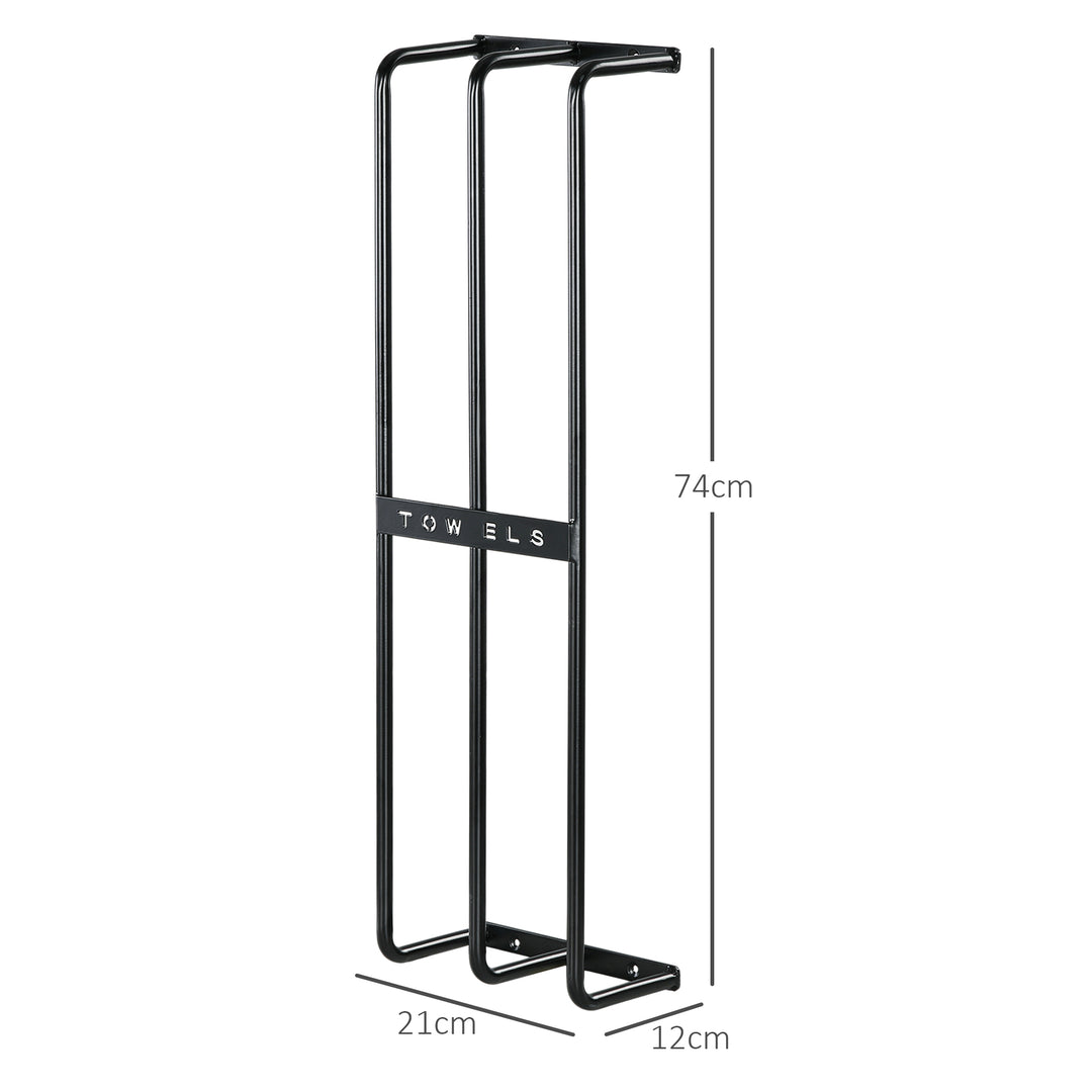 HOMCOM Towel Rail Wall Mounted, Metal Towel Rack Holds Up to 6 Large Size (160 x 100cm) Rolled Towels, 3 Bar Towel Storage for Bathroom, 21 x 12 x 74cm, Black