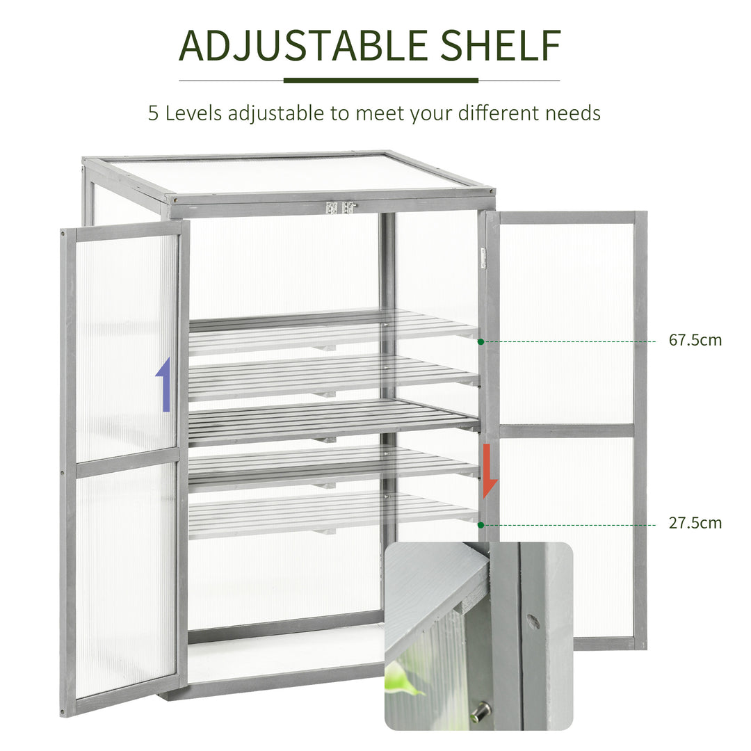 Outsunny Wooden Cold Frame Greenhouse Garden Polycarbonate Grow House w/ Adjustable Shelf, Double Doors, 76 x 47 x 110 cm, Grey