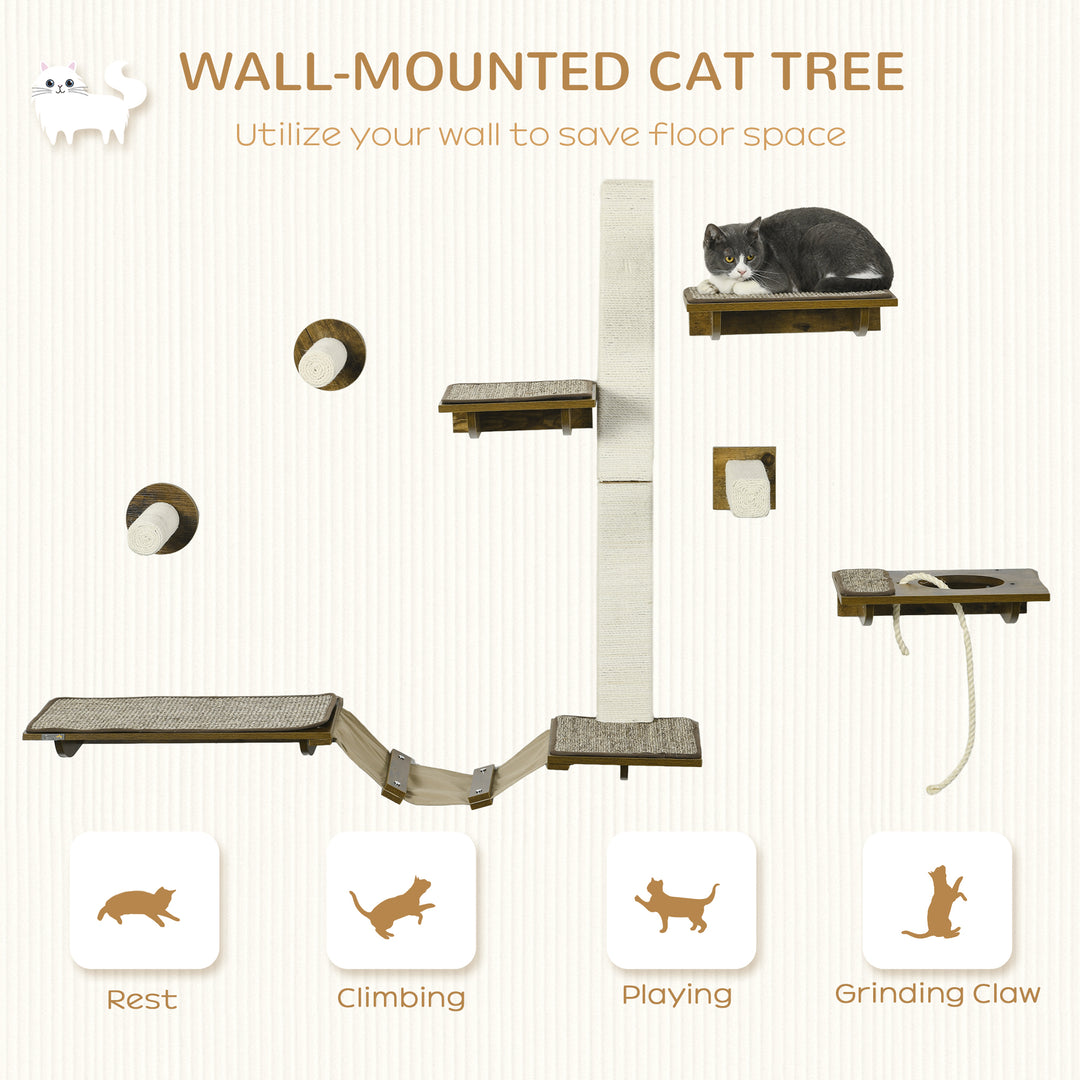 8Pcs Wall Mounted Cat Tree with Scratching Posts, Perches, Ladder, for Sleeping, Playing, Lounging - Brown