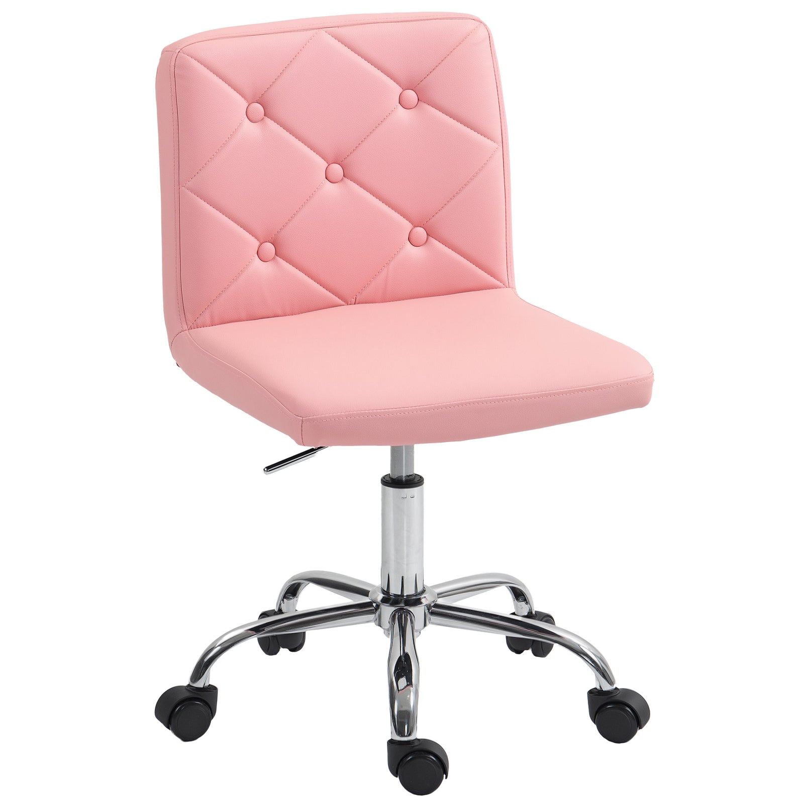 PU Leather Armless Office Chair, Modern Vanity Computer Swivel Chair with Rolling Wheels and Adjustable Height for Home Study, Bedroom, Pink