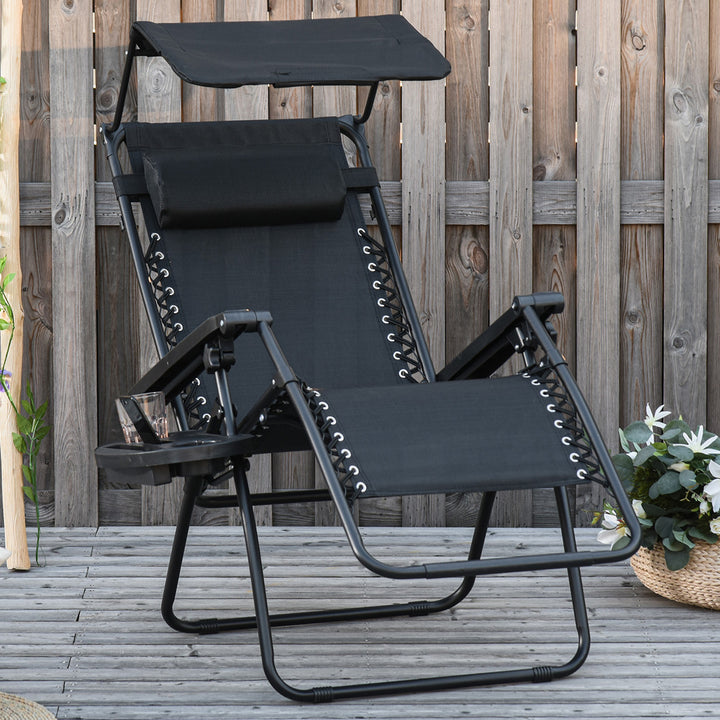 Outsunny Zero Gravity Garden Deck Folding Chair Patio Sun Lounger Reclining Seat with Cup Holder & Canopy Shade - Black | Aosom UK