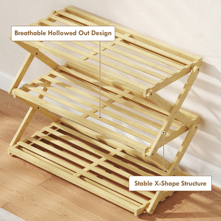Three-Tier Folding Bamboo Shoe Rack - Natural Finish