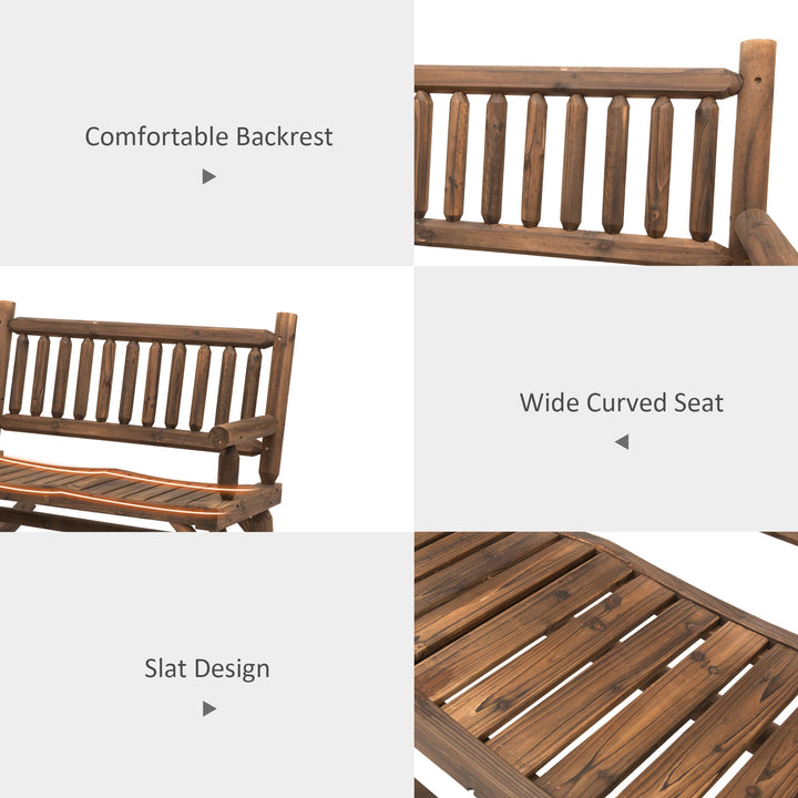 Garden 2-Seater Rocking Bench Wood Frame Rough-Cut Log Loveseat Slatted High Back Rustic Style with Armrests Garden Outdoor Furniture - Dark Stain Brown