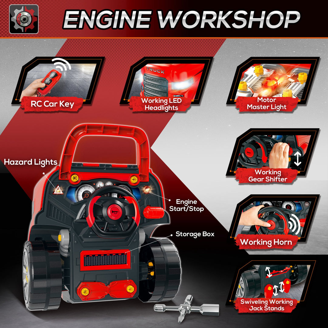 Kids Truck Engine Toy Set, Toddler Educational Car Service Station Playset, Take Apart Workshop, w/ RC Car Key, Steering wheel, Horn, Light, for 3-5 Years Old Red