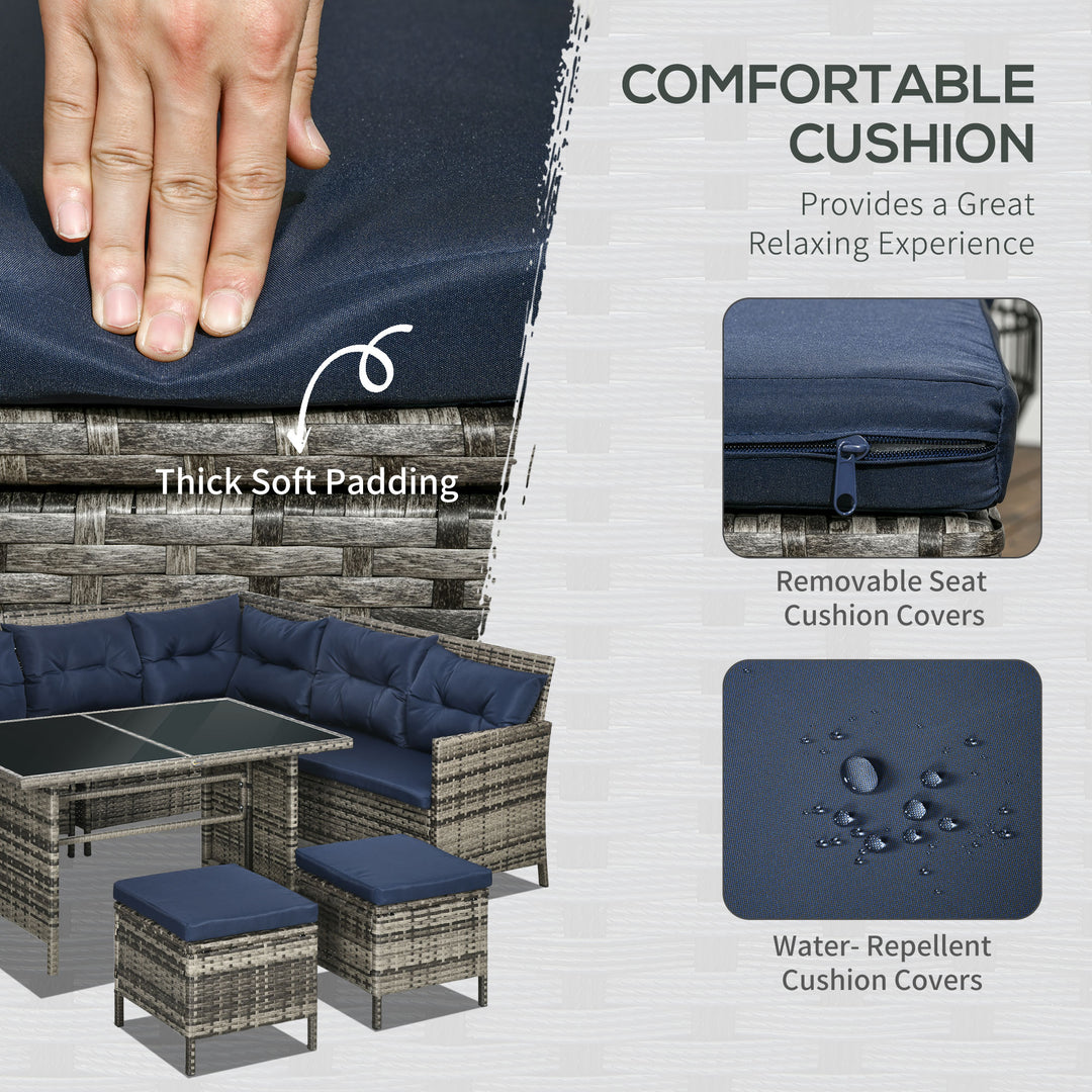 7-Seater Patio wicker Sofa Set Rattan Chair Furniture w/ Glass & Cushioned, Dark Blue