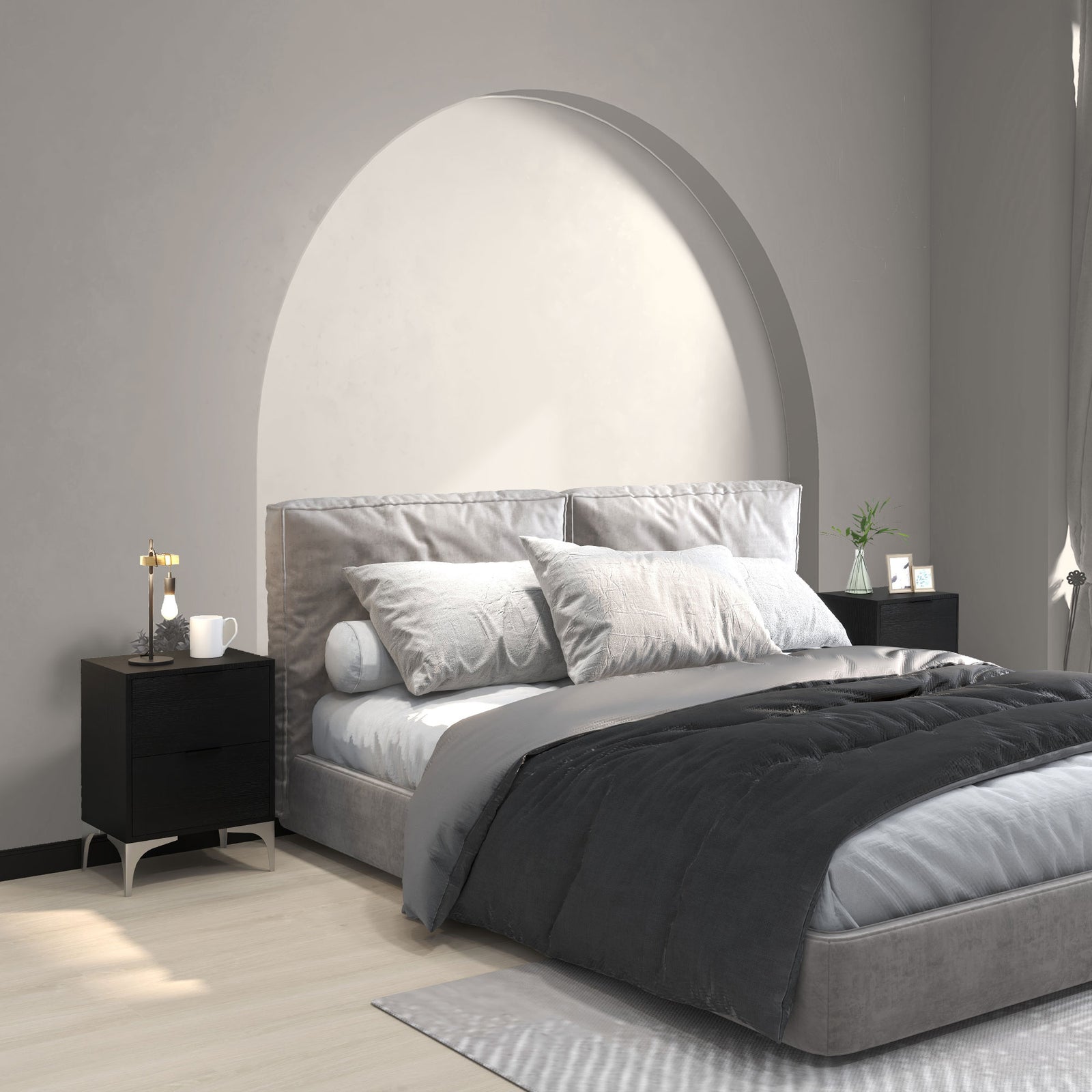 Set of Two Wood Effect Bedside Tables with Silver Tone Steel Base, Black