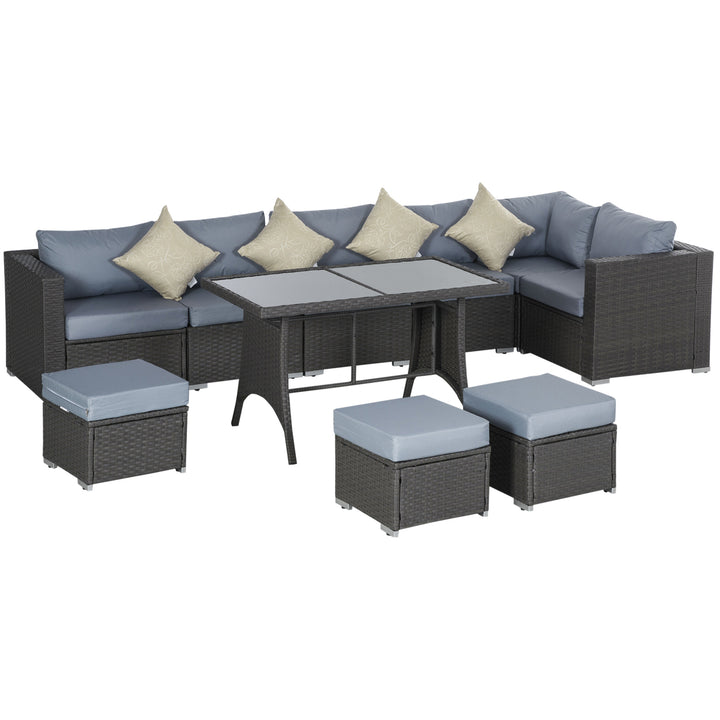 MCL 9-Seater Garden Rattan Furniture 10 Pcs Rattan Corner Dining Sofa Set, Grey/Dusty Blue Cushion