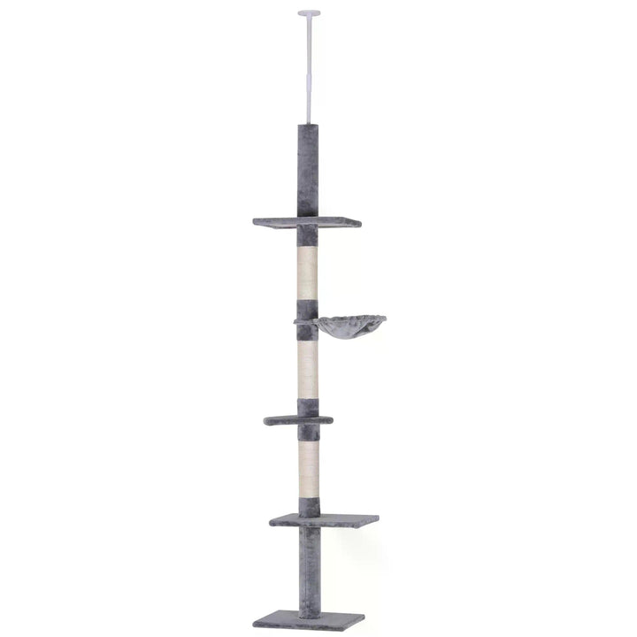 PawHut Cats Floor to Ceiling Scratching Post w/ 5-Tier Plush Leisure Platforms Grey | Aosom UK