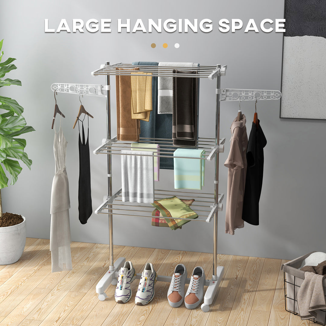 3-Tier Clothes Airer, Stainless Steel Foldable Clothes Drying Rack with Wheels and Wings, Indoor and Outdoor, Easy Assembly, 142 x 55 x 152cm, White