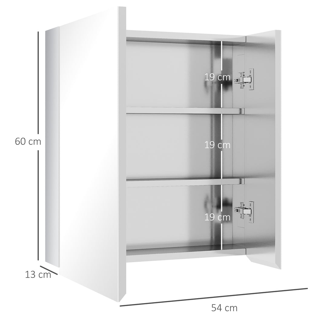 Kleankin Mirrored Bathroom Cabinet: Wall Mounted Medicine Storage with Hinged Door & Shelves, 60W x 14.5D x 49.5H cm, White | Aosom UK