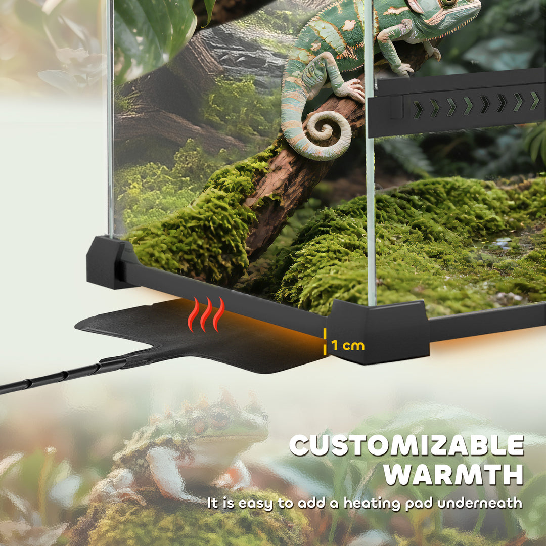 Reptile Glass Terrarium with Stone Background, Front Ventilation, Escape-Proof Knob Lock, 50 x 30 x 35 cm, Black