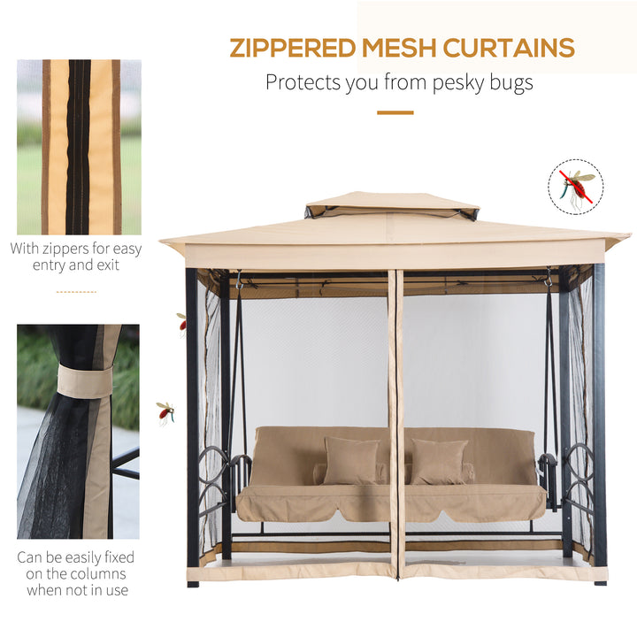 3 Seater Swing Chair 3-in-1 Convertible Garden Swing Seat Bed Gazebo Patio Bench Outdoor with Double Tier Canopy, Cushioned Seat, Mesh Sidewalls, Beige