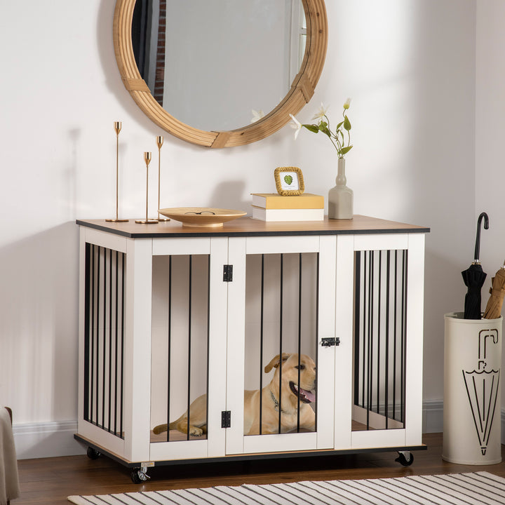 Dog Crate Furniture, Dog Cage End Table, with Wheels, for Large Dogs, 106 x 60 x 82 cm - White