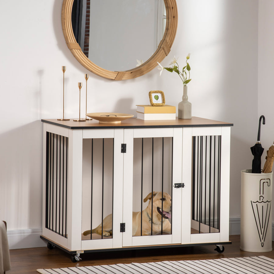 Dog Crate Furniture, Dog Cage End Table, with Wheels, for Large Dogs, 106 x 60 x 82 cm - White