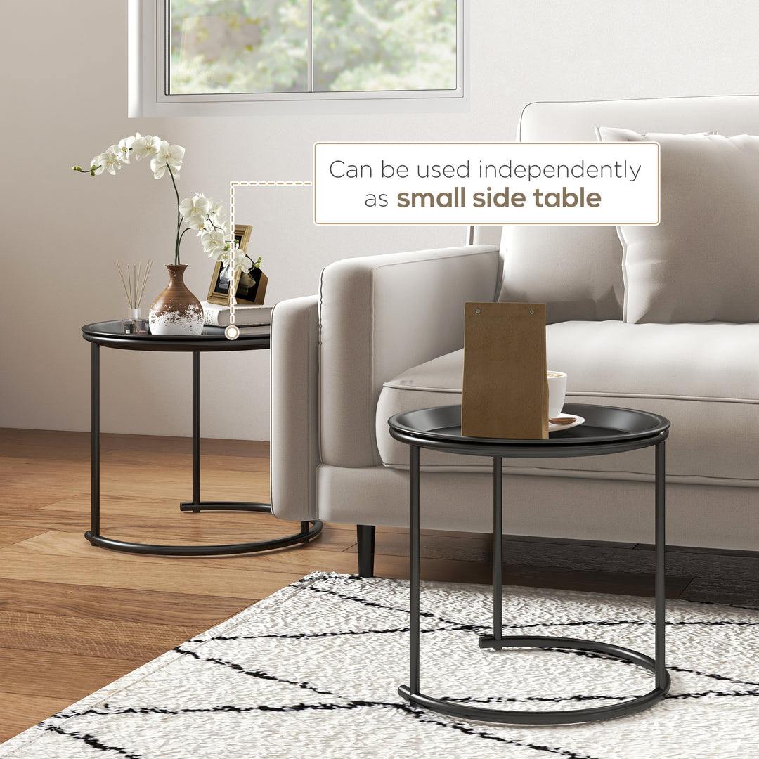 Nesting Tables Set of 2, Side End Table with Removable Tabletop Tray and Steel Frame for Living Room, Bedroom, Black