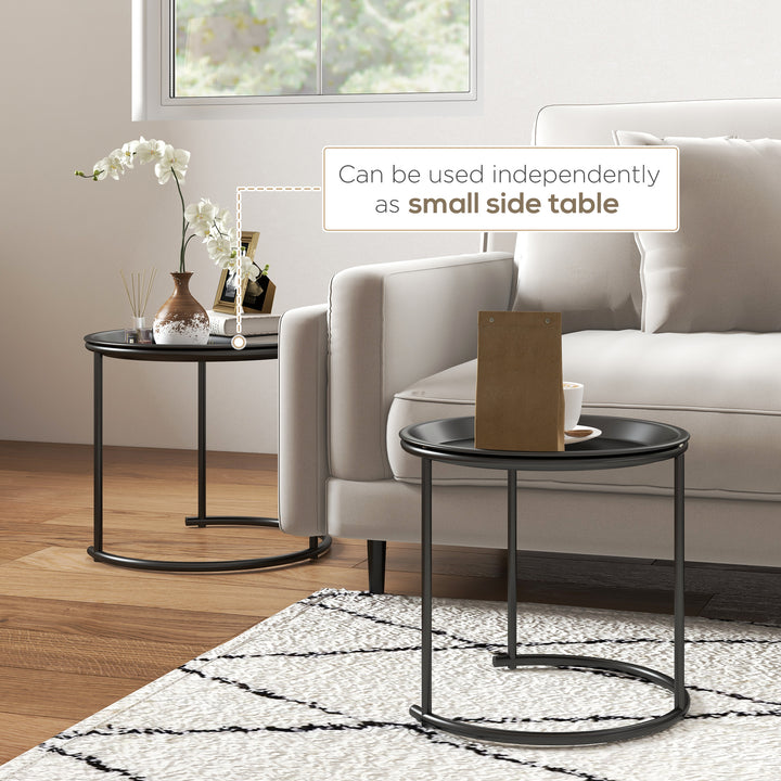 Nesting Tables Set of 2, Side End Table with Removable Tabletop Tray and Steel Frame for Living Room, Bedroom, Black