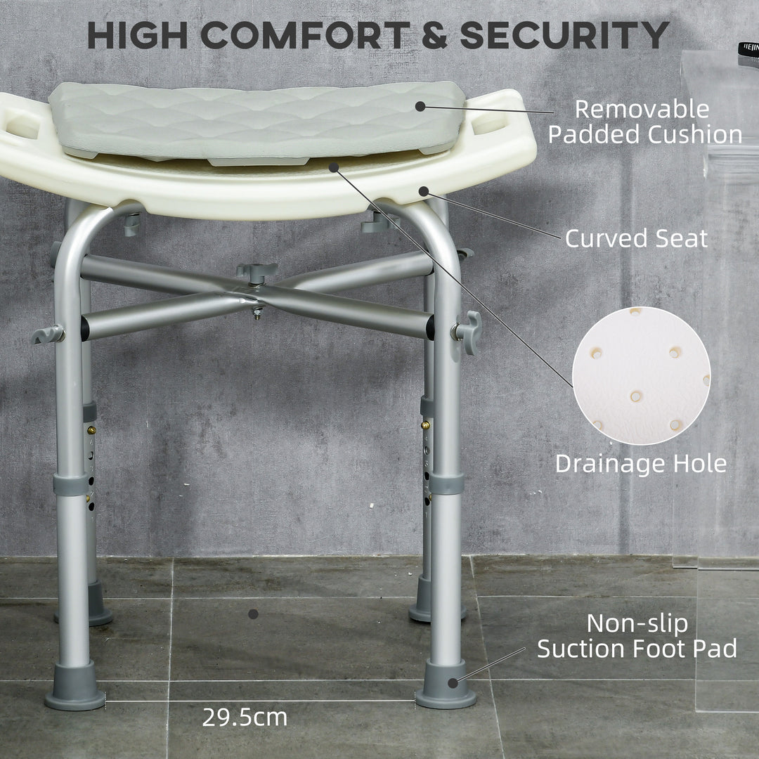 Aluminium Shower Stool for Elderly, Height Adjustable Shower Seat with Removable Padded Cushion, Shower Head Holder, Non-Slip Bath Stool for Seniors, Disabled, Pregnant, White
