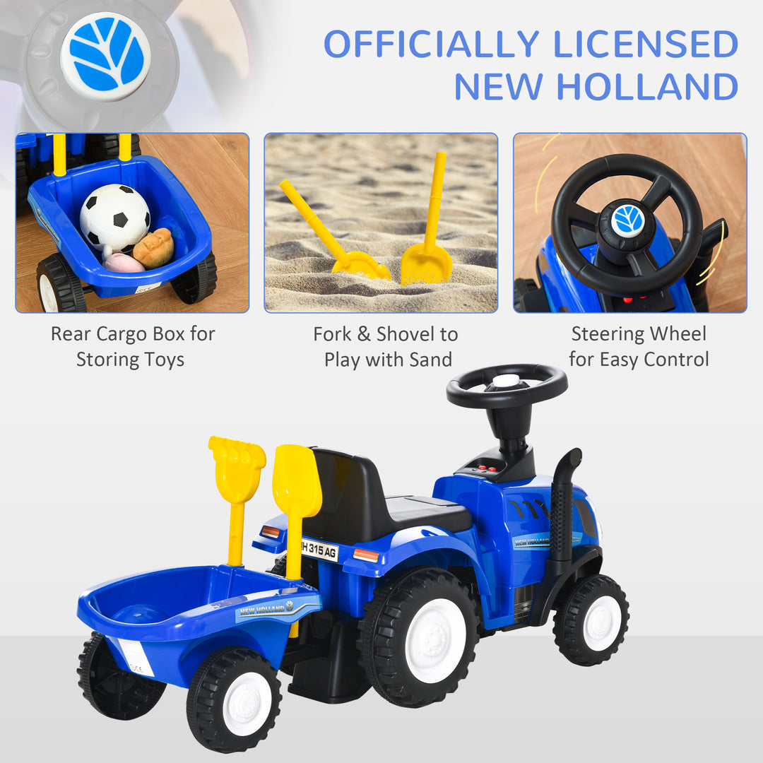 HOMCOM NEW HOLLAND Licensed Toddler Slider Car: Foot-to-Floor with Horn, Large Steering Wheel & Storage, for 12-36 Months, Azure | Aosom UK