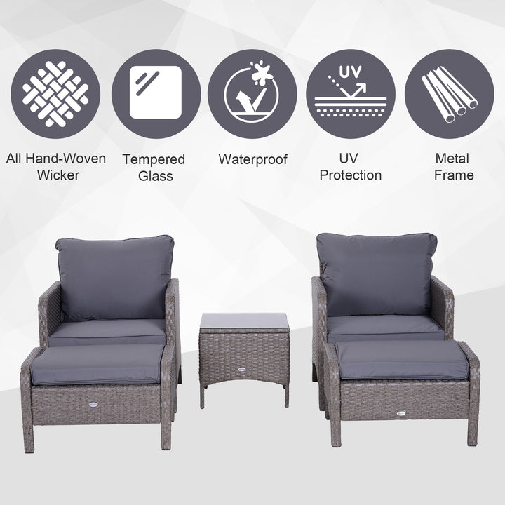 Outsunny Waterproof 2 Seater Rattan Garden Furniture Set Wicker Weave Sofa Chair with Footstool and Coffee Table Thick Cushions Dark Grey | Aosom UK