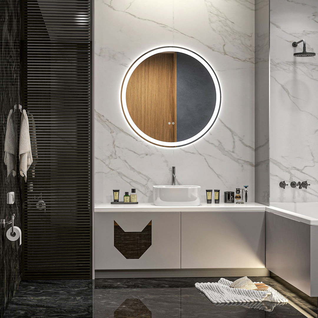 Round Bathroom Mirror with LED Lights, Wall Mount Dimmable Makeup Mirror with 3 Temperature Colours, Defogging Film and Memory Function, Frameless, Hardwired, 70 x 70 cm