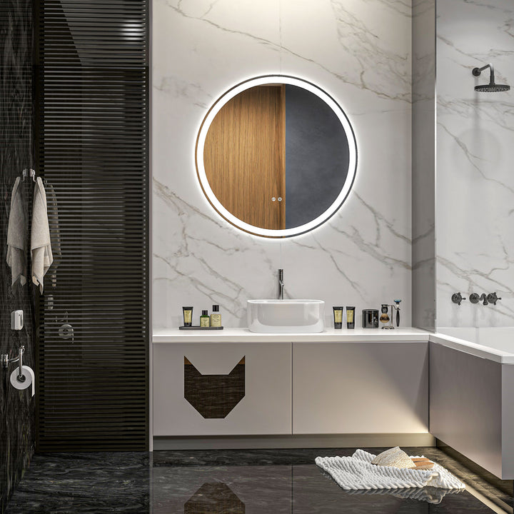 Round Bathroom Mirror with LED Lights, Wall Mount Dimmable Makeup Mirror with 3 Temperature Colours, Defogging Film and Memory Function, Frameless, Hardwired, 70 x 70 cm