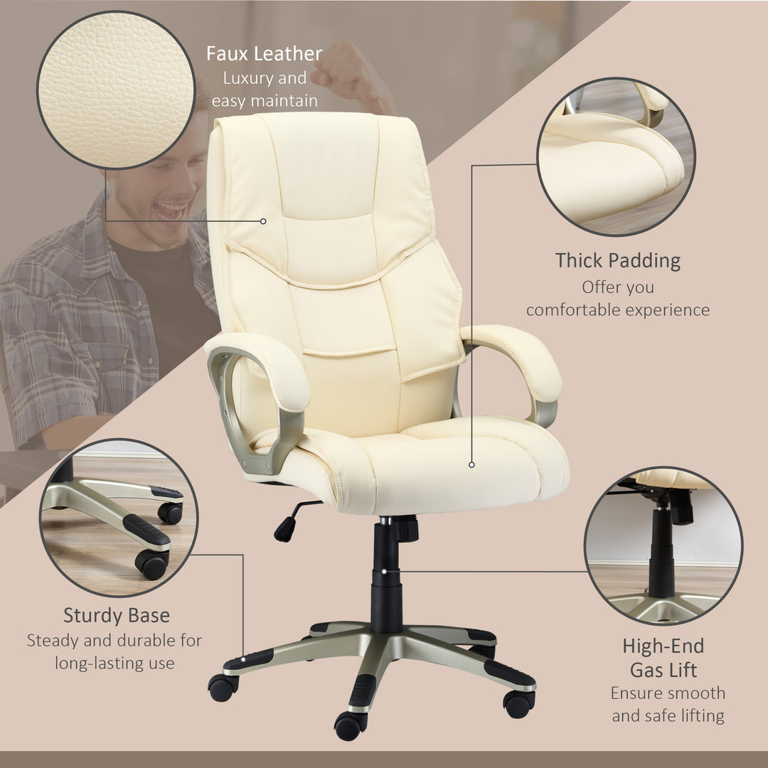 HOMCOM Computer Desk Chair with Adjustable Height & Rocking Function, High Back Executive Office Chair, Faux Leather, Cream White. | Aosom UK