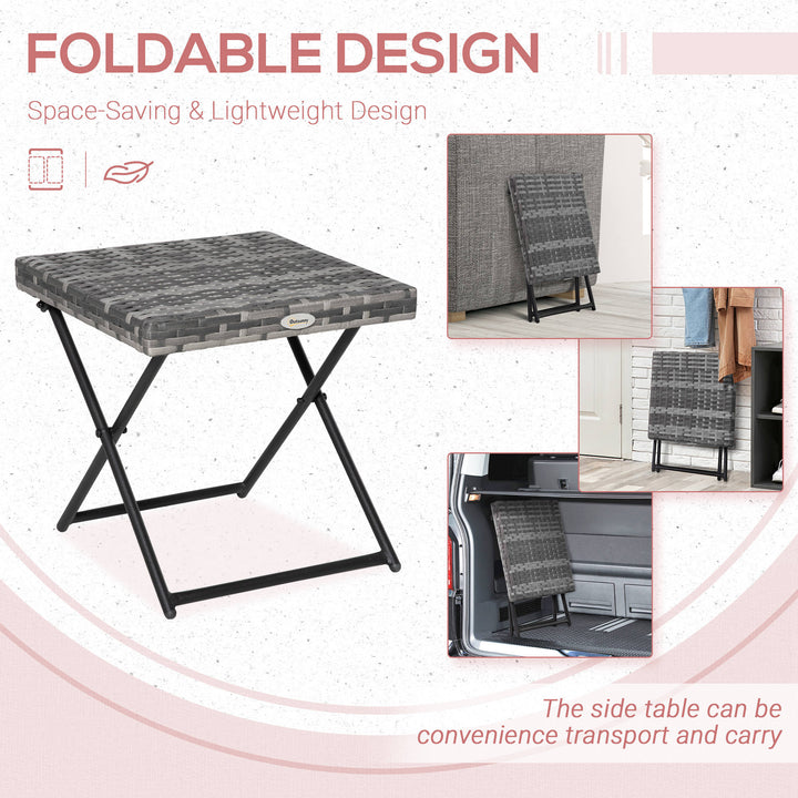 Square PE Wicker Rattan Folding Table,Weather Resistant Wicker Weave Side Table with Steel Frame, Grey