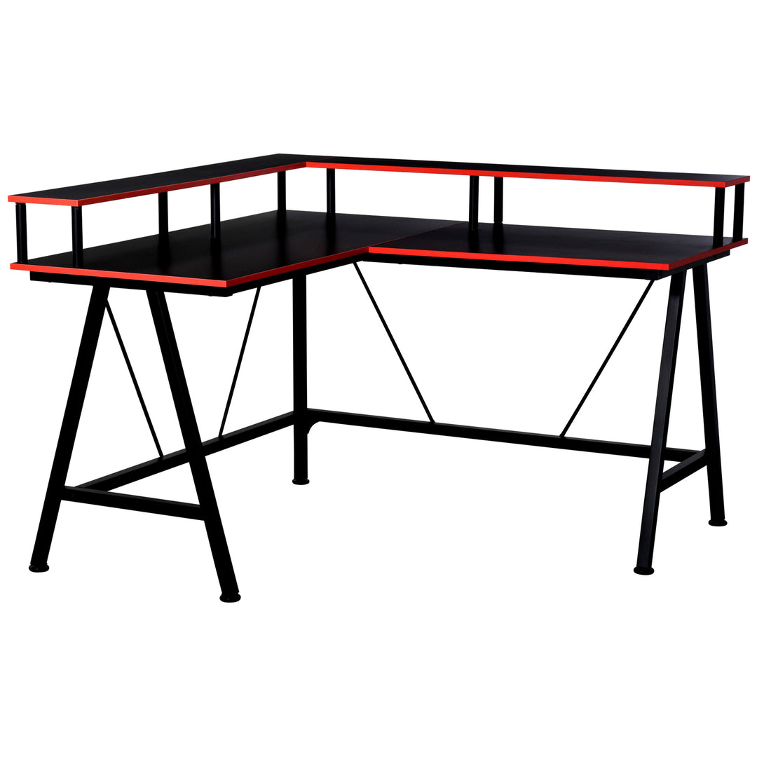 L Shaped Gaming Desk, Corner Computer Desk with Monitor Stand for Home Office, 140 x 130 x 93cm, Black and Red