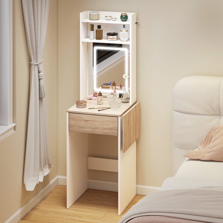 Small Vanity Desk with Mirror and LED Lights, Compact Dressing Table w
