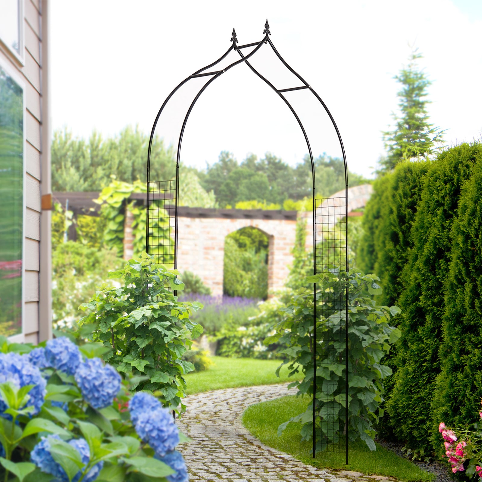 Vintage Style Steel Garden Patio Outdoor Arbor & Trellis Arch Support Vines & Climbing Plants Garden Decoration - Black 2.5H m