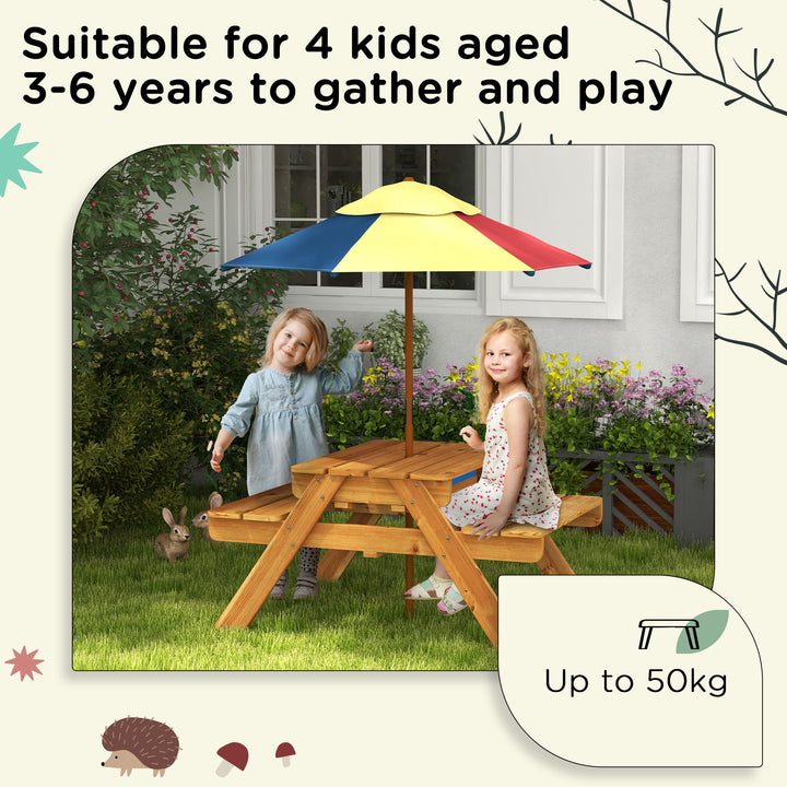 Outsunny Kids Picnic Table Set, 3 in 1 Sand Pit Activity Table, Kids Garden Furniture w/ Removable Parasol, for 3