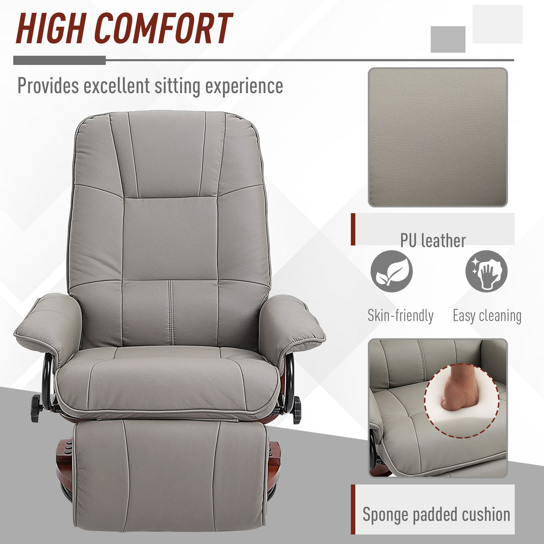 360° Swivel Recliner Chair with Footstool, Manual Recliner Armchair with Wooden Base, Faux Leather Upholstered Reclining Chair for Living Room, Bedroom, Office, Grey