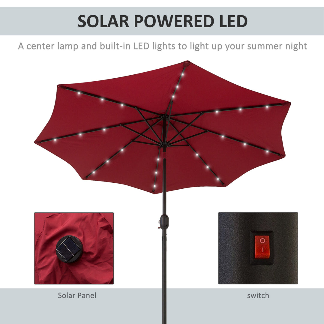 2.7m Patio Garden Umbrella Outdoor Parasol with Tilt Crank and 24 LEDs Lights (Red)