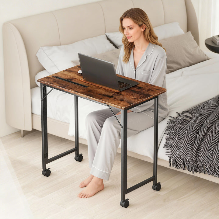 Folding Small Desk on Wheels - Black Wood Effect